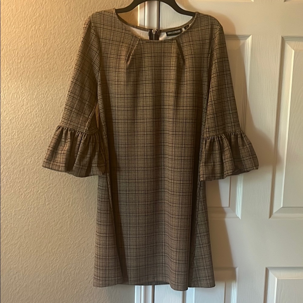 Nina Leonard Plaid Dress with Ruffle Sleeves Medium